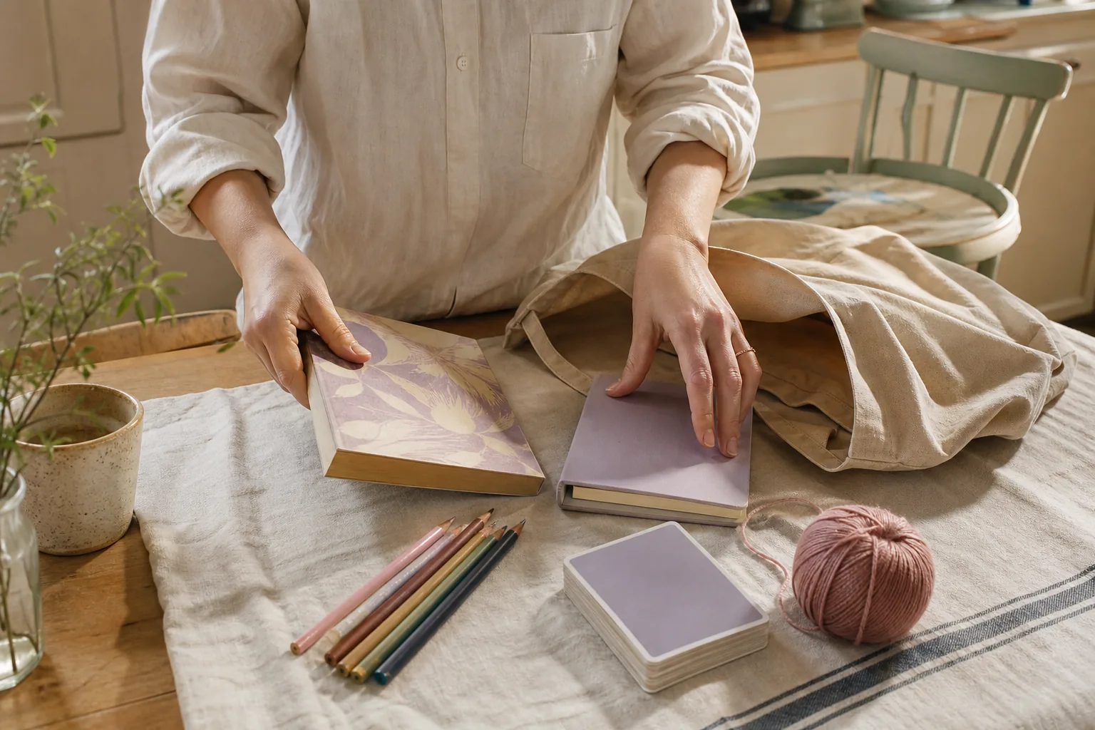 Person arranging a book, notebook, colored pencils, cards, and yarn beside an open canvas tote at a sunlit table.