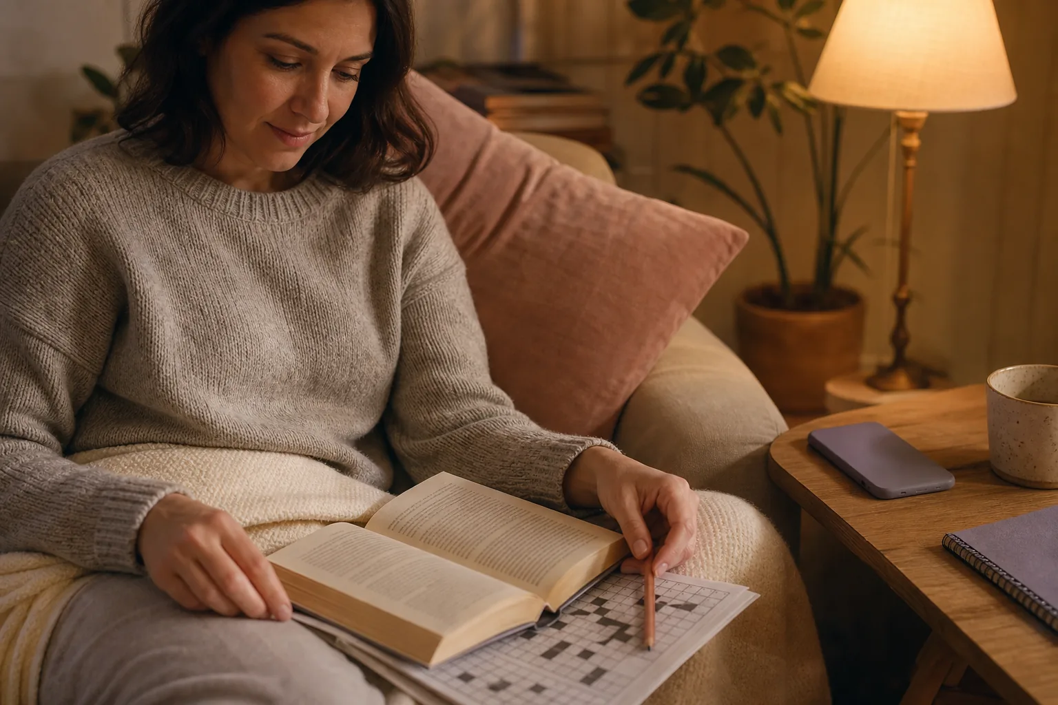 Person reading on a sofa with a paper puzzle and a face-down phone resting farther away on a side table.