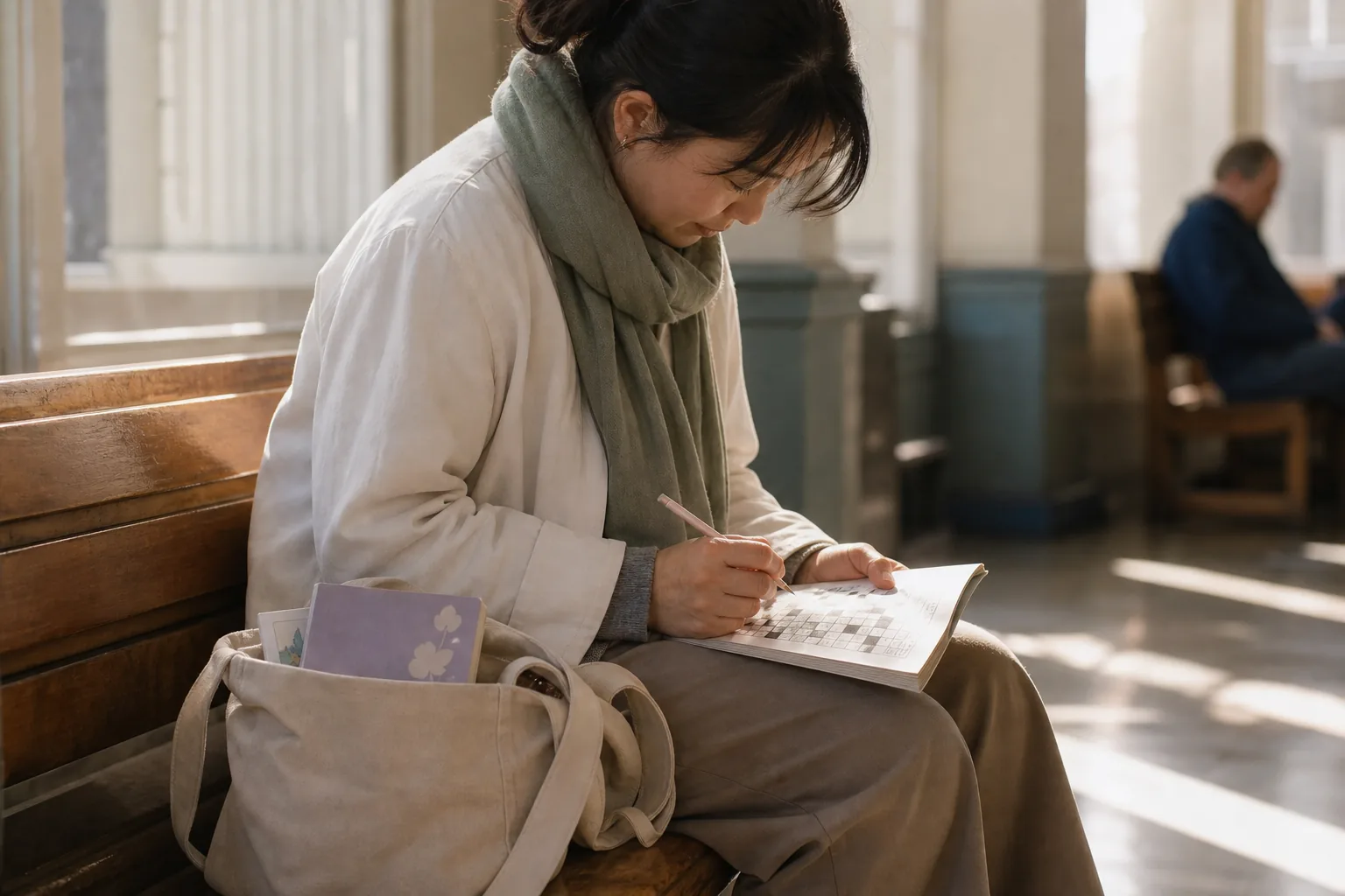 Person completing a small paper puzzle while waiting on a wooden bench with a canvas bag beside them.