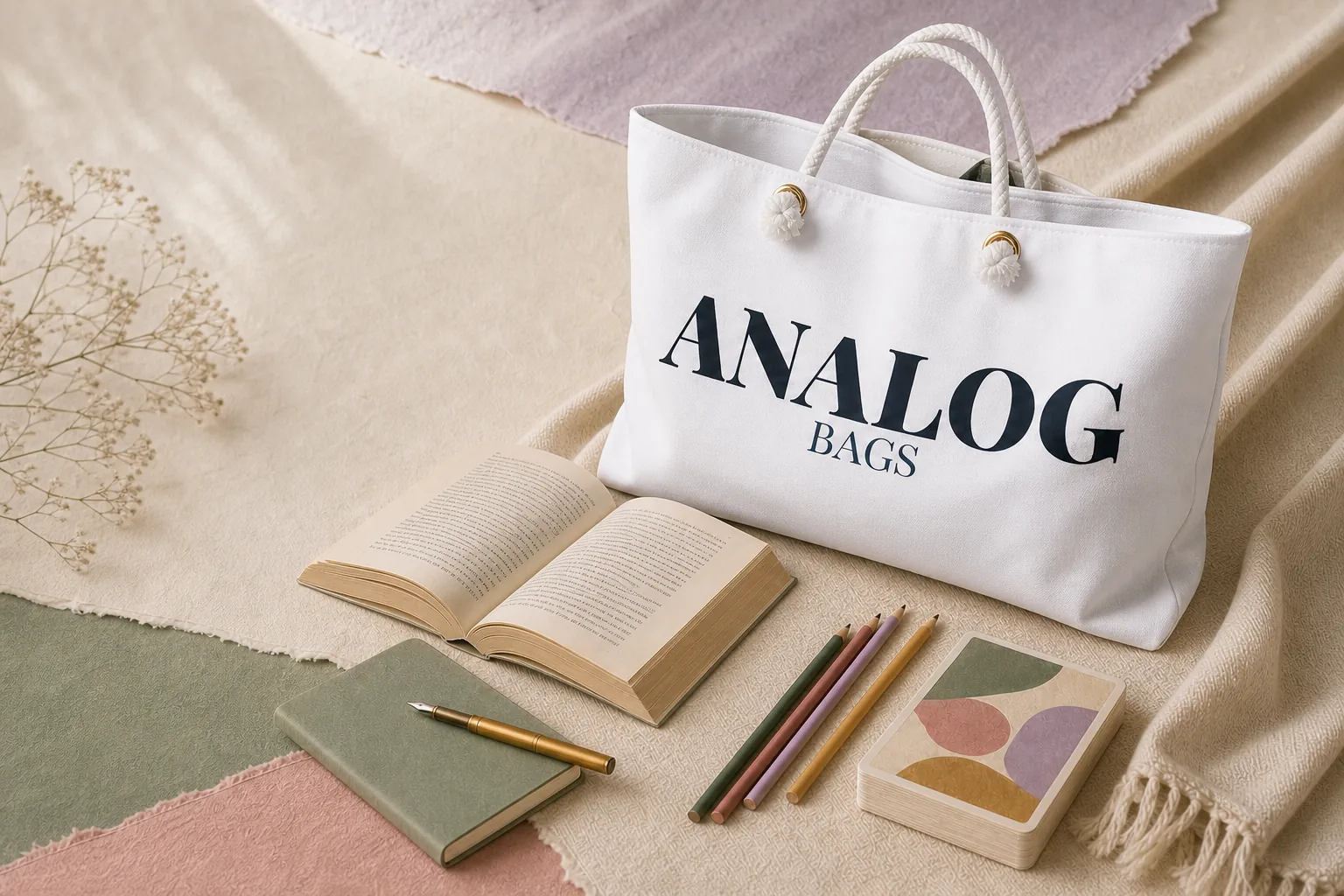 White Analog Bags weekender beside an open book, notebook, colored pencils, pen, and card deck on layered cream fabric.